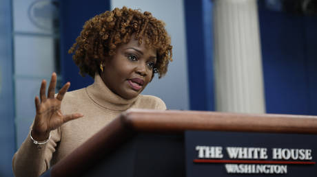 Press Secretary Karine Jean-Pierre talks to reporter at the White House on March 30, 2023 in Washington, DC.