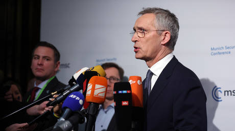 Jens Stoltenberg, secretary general of NATO, talks to the media at the 2023 Munich Security Conference (MSC) on February 17, 2023 in Munich, Germany