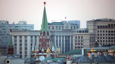 An aerial view shows Kremlin's towers, with State Duma building in the background, in Moscow, Russia.