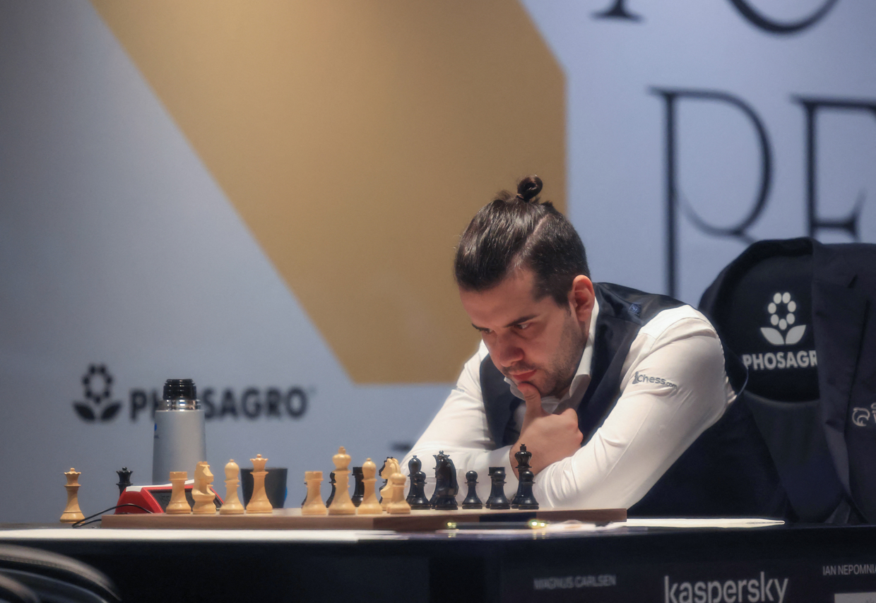 Russia's Ian Nepomniachtchi plays against China's Ding Liren during their  FIDE World Chess Championship in Astana, Kazakhstan, Saturday, April 29,  2023. Ian Nepomniachtchi and Ding Liren are facing off in the final