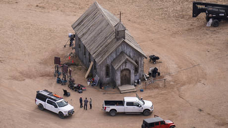 This aerial photo shows the movie set of 'Rust' at Bonanza Creek Ranch in Santa Fe, NM, on Saturday, Oct. 23, 2021.
