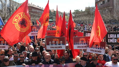 Ethnic Albanians in Pristina protest against the war crimes trial in The Hague of former 'Kosovo Liberation Army' (UCK) leader Hashim Thaci, April 02, 2023.