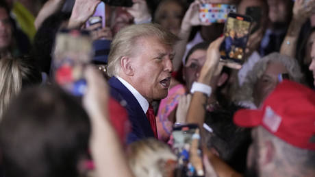 Former President Donald Trump arrives to speak at his Mar-a-Lago estate hours after being arraigned in New York City, Tuesday, April 4, 2023, in Palm Beach, Fla. (AP Photo/Rebecca Blackwell)