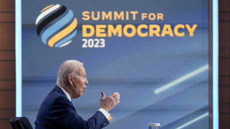 President Joe Biden speaks during a Summit for Democracy virtual plenary in the South Court Auditorium on the White House campus, Wednesday, March 29, 2023, in Washington.