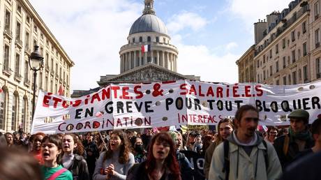 Students protest against the French government's pension reform bill near the Pantheon in Paris, France, March 30, 2023
