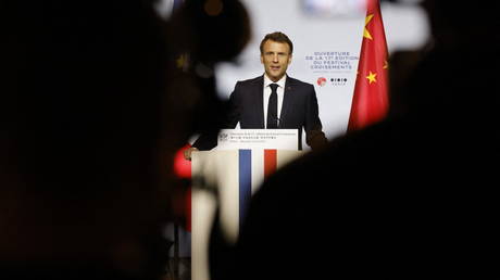 French President Emmanuel Macron delivers a speech at Red Brick Museum in Beijing on April 5, 2023.