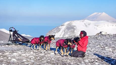 Alisa Voronova and her dogs atop the Ebeko volcano.