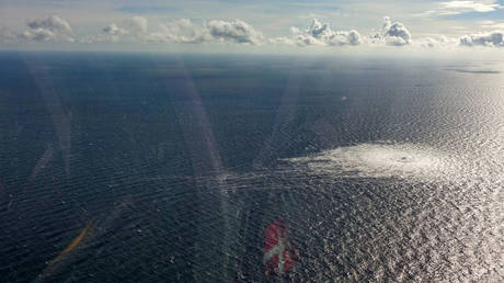 The gas leak at the Nord Stream 2 gas pipeline seen from a Danish F-16 aircraft.