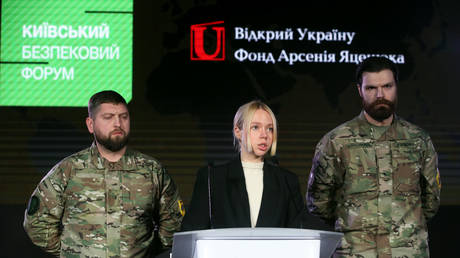 FILE PHOTO: Ekaterina Prokopenko, a wife of the neo-Nazi Azov regiment commander, speaks at the Kiev Security Forum in Kiev, Ukraine, on Januray 23, 2023.