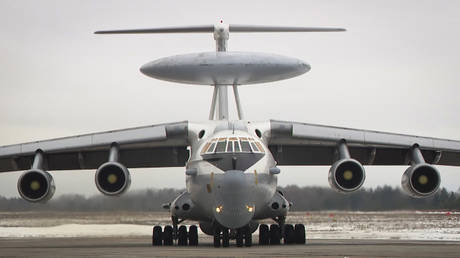 A Russian Beriev A-50 maneuvres at the Machulishchy Air Base near Minsk, Belarus, March 3, 2023