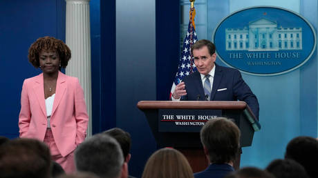 White House press secretary Karine Jean-Pierre (left) and National Security Council spokesman John Kirby, at the White House press briefing, April 10, 2023.