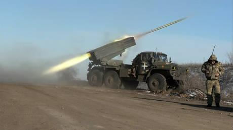 A Ukrainian BM-21 Grad multiple rocket launcher near the frontline, January 11, 2023.