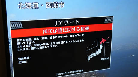 A TV shows J-Alert or National Early Warning System to the Japanese residents on April 13, 2023