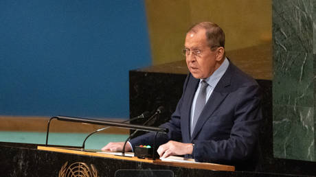 Russian Foreign Minister Sergey Lavrov addresses the UN General Assembly in New York City, 2022.