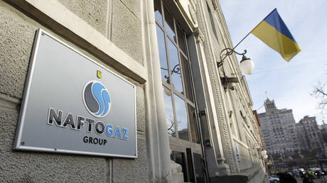 FILE PHOTO. The logo of national oil and gas company Naftogaz Ukraine is seen at the company office entrance, in Kyiv, Ukraine, on 18 December, 2019.