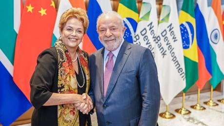 Brazilian President Luiz Inacio Lula da Silva (R) and Former President Dilma Rousseff are seen after Rousseff took office as the new head of the New Development Bank (NDB) in Shanghai, China, April 13, 2023.