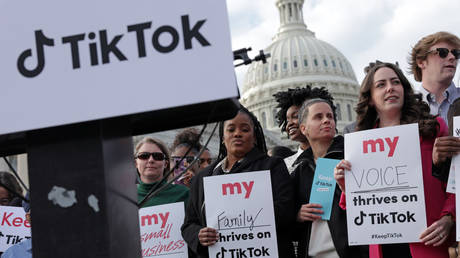 Supporters of TikTok listen during a news conference in front of the U.S. Capitol on March 22, 2023 in Washington, DC.