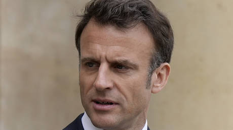 French President Emmanuel Macron at the Elysee Palace on April 14, 2023, Paris, France