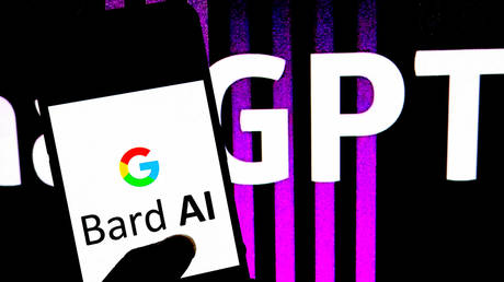 In this photo illustration, a Google Bard AI logo is displayed on a smartphone with a Chat GPT logo in the background