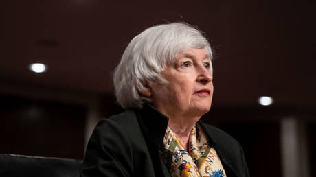 FILE PHOTO: Secretary of the Treasury Janet Yellen testifies before a Senate Banking Committee hearing.