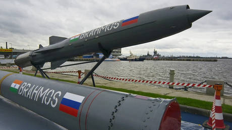BrahMos joint Russian-Indian supersonic cruise missiles on display at the International Maritime Defense Show in St. Petersburg.
