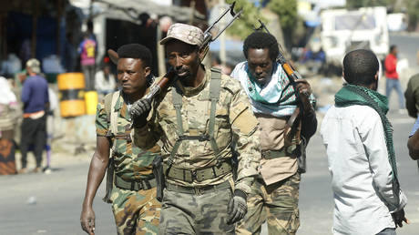 FILE PHOTO: Ethiopian security forces patrol at street after Ethiopian army took control of Hayk town of Amhara city from the rebel Tigray People's Liberation Front (TPLF) in Ethiopia.
