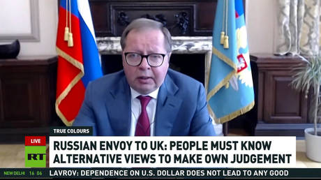Andrey Kelin, Russia's ambassador to the UK, speaks with RT on April 19. 2023