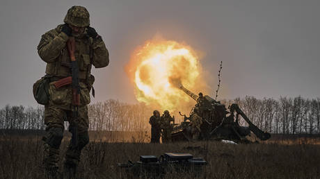 FILE PHOTO. Ukrainian soldiers fire a Pion artillery system at Russian positions near Bakhmut, Donetsk region, Ukraine.