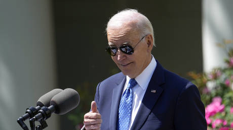 President Joe Biden gestures as he speaks during an event at the White House in Washington, DC, April 24, 2023.