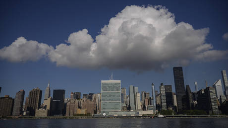 general view shows the United Nations (UN) headquarters (C) amid the skyline of New York.