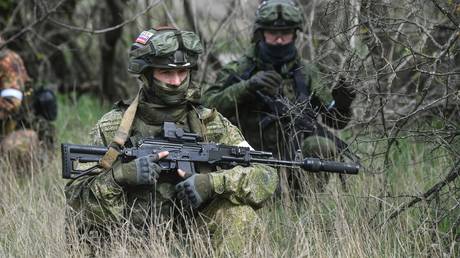 FILE PHOTO: Russian Airborne Forces servicemen take part in a combat training for assault teams in the course of Russia's military operation in Ukraine.