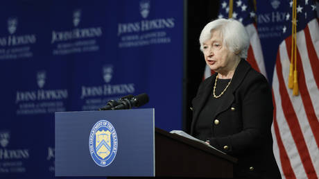 US Secretary of the Treasury Janet Yellen delivers remarks at Johns Hopkins University’s School of Advanced International Studies (SAIS) on April 20, 2023 in Washington, DC.