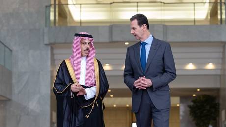 Faisal bin Farhan Al Saud, Minister of Foreign Affairs of Saudi Arabia meets Bashar al-Assad on April 18, 2023 in Damascus, Syria.