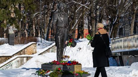 A monument to the Russian 19th century poet, Alexander Pushkin, is seen in Riga, Latvia on March 12, 2023.
