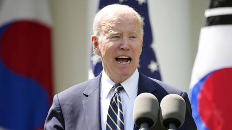 Joe Biden speaks during a news conference with South Korean President Yoon Suk-yeol at the White House in Washington DC, April 26, 2023