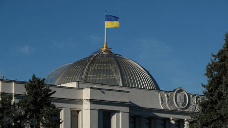 FILE PHOTO: The Ukrainian flag flies over the Verchovna Rada, the Ukrainian Parliament in Kiev, Ukraine.