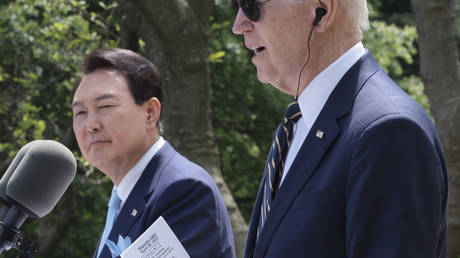 US President Joe Biden at a joint press conference with South Korean President Yoon Suk-yeol at the White House, April 26, 2023 in Washington, DC