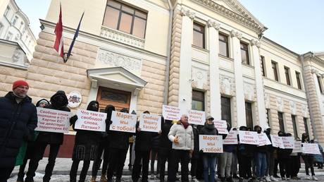 FILE PHOTO: Protesters in front of the Latvian embassy in Moscow, Russia, January 6, 2023