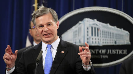 FILE PHOTO: FBI Director Christopher Wray speaks during a news conference at the Department of Justice in Washington