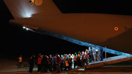 Turkish citizens are being evacuated from Sudan with a military plane A400M belonging to the Turkish Air Force at Wadi Seidna Air Base, due to clashes between the Sudanese army and paramilitary Rapid Support Forces (RSF) since April 15th, in Khartoum, Sudan on April 28, 2023.