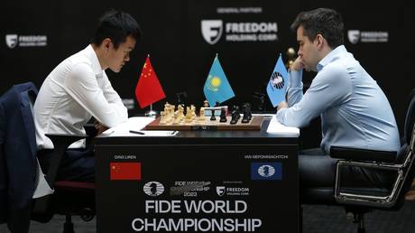 China's Ding Liren plays against Russia's Ian Nepomniachtchi