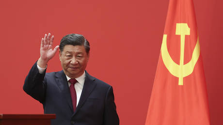 Chinese President Xi Jinping at The Great Hall of People on October 23, 2022 in Beijing, China