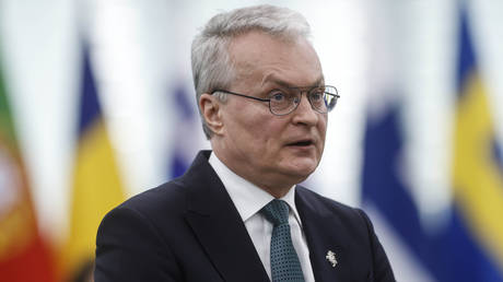 President of Lithuania Gitanas Nauseda delivers his speech during a debate in the European parliament on Tuesday, March 14, 2023 in Strasbourg, eastern France.