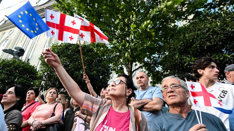 FILE PHOTO: A woman waves the European Union and Georgian flags during a rally in support of Georgia's membership to the European Union in Tbilisi.