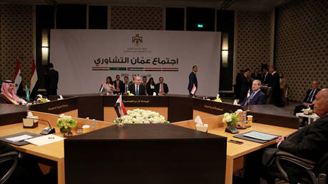 Foreign ministers of Saudi Arabia, Jordan, Syria, and Egypt attend a regional meeting in Amman on May 1, 2023.