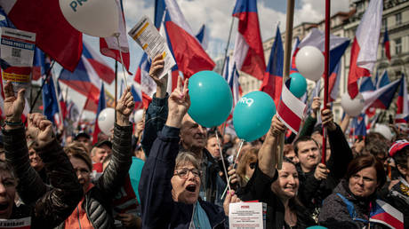 People protest during the anti-government demonstration called 'Czech Republic Against Poverty' at Wenceslas Square in Prague, Czech Republic on April 16, 2023.