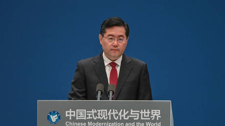 Chinese Foreign Minister Qin Gang delivers a speech at an event in Shanghai, April 21, 2023.