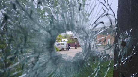 FILE PHOTO. Shattered glass pictured after shelling in Donetsk, Russia.