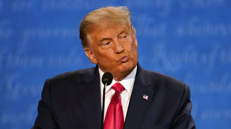 Donald Trump reacts during a presidential debate with Joe Biden at Belmont University in Nashville, Tennessee, October 22, 2020