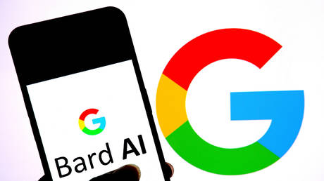The Google Bard AI logo is displayed on a smartphone with a Google logo in the background
